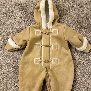 THE CHILDREN'S PLACE neutral faux suede 9-12 MOS SNOWSUIT w/ foot and hand cover